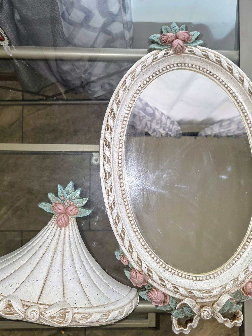 Vintage Shabby Chic Oval wall Mirrior Pink Flowers Bow floral Frame With Shelf